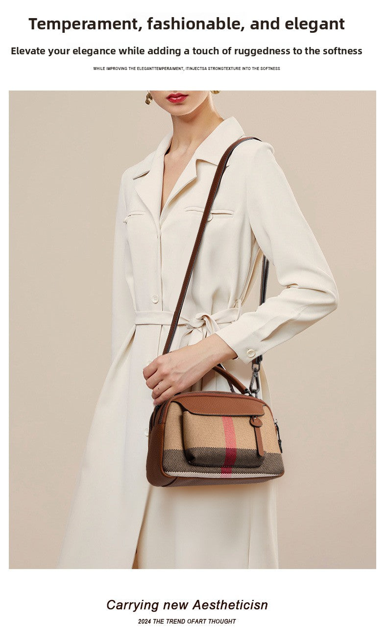 Genuine Leather Classic Plaid Handbag for Women, New Vintage Small Square Crossbody Shoulder Purse, Simple Casual Student Bag for Ladies