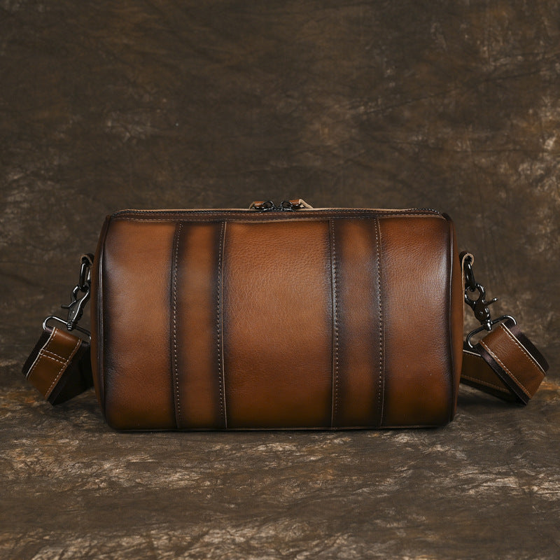Men's Vintage Top Grain Cowhide Crossbody Bag Round Barrel Casual Messenger Large Capacity Shoulder Satchel