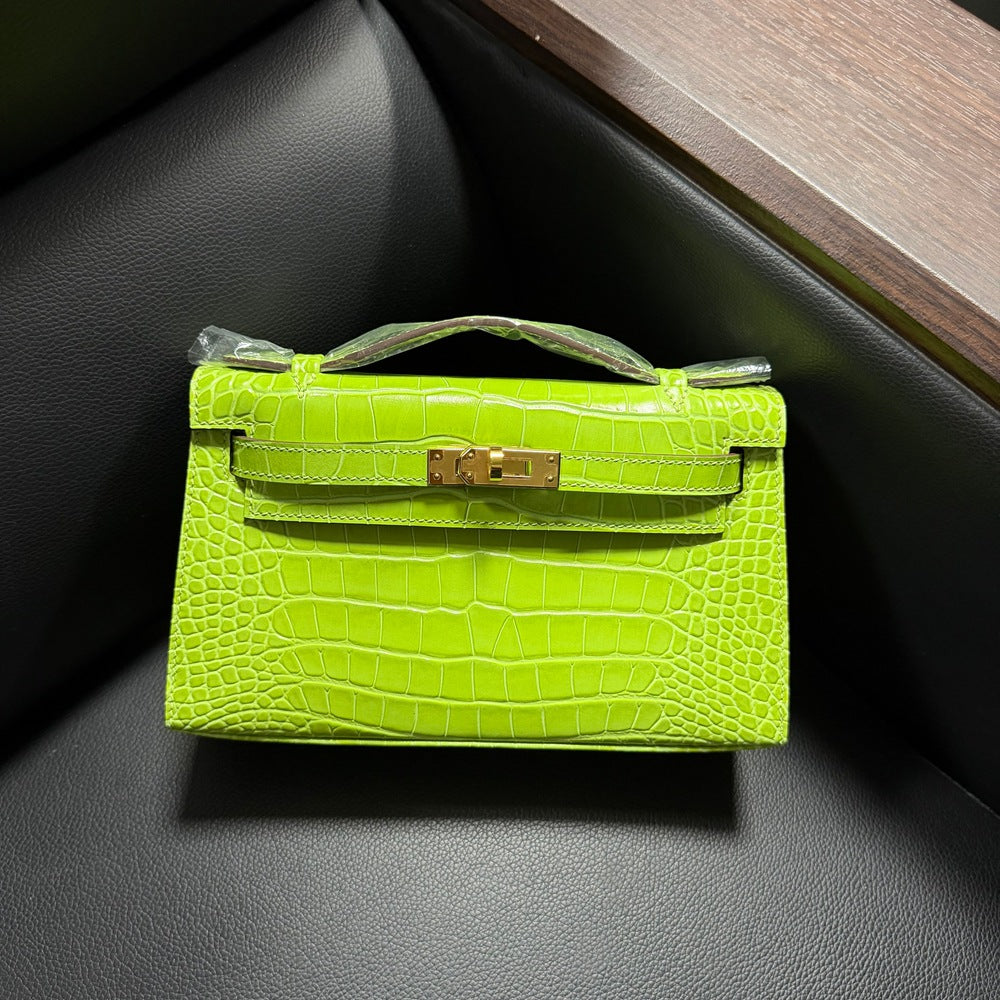 Genuine Top Layer Cowhide Crocodile-Embossed Kelly-Style 22cm Bag for Women, Hand-Stitched Waxed Thread with Full Steel Hardware, Light Luxury Small Square Top Handle Purse for Ladies