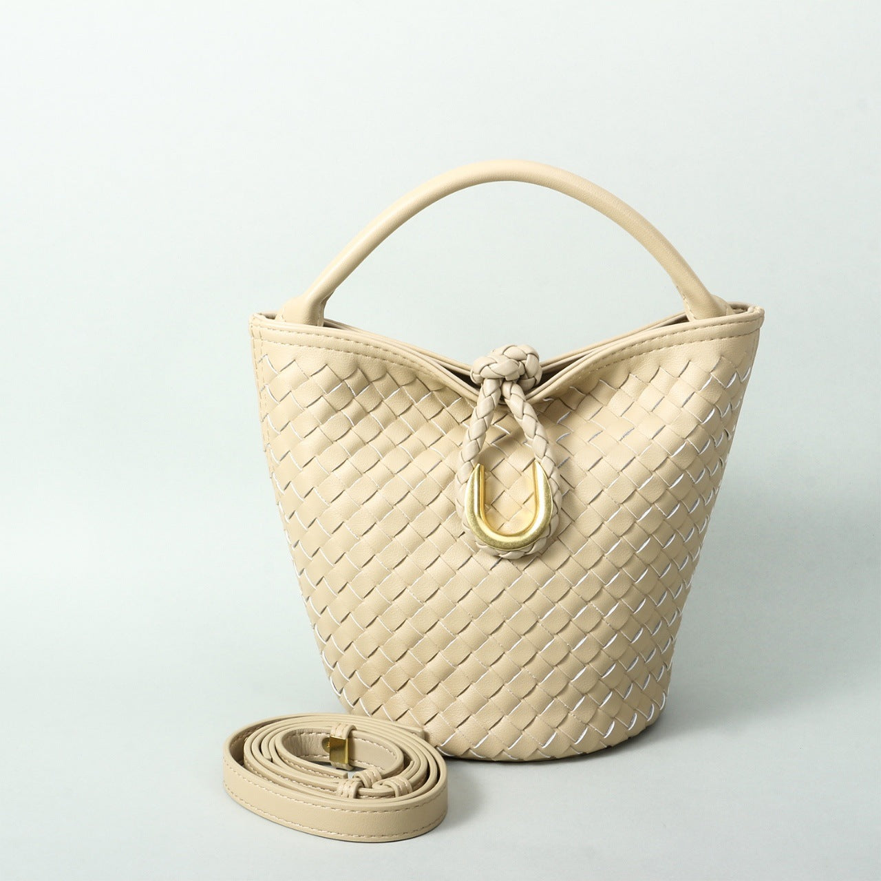 Genuine Leather Woven Bucket Bag for Women, Spring Summer Versatile Crossbody Commute Top Handle Purse, Premium Handbag for Ladies