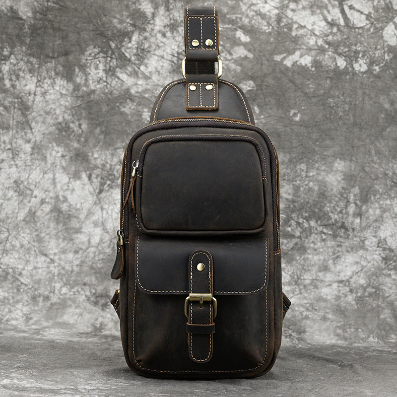 Crazy Horse Leather Minimalist Chest Bag, Casual Crossbody Shoulder Pouch, Outdoor Commute Bag for Men