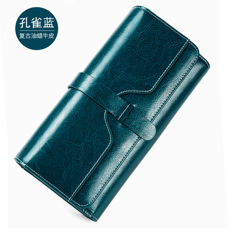 Genuine Cowhide Long Tri-Fold Wallet for Women, Snap Button Multi-Card Large Capacity Clutch Purse, Premium Leather Money Holder for Ladies