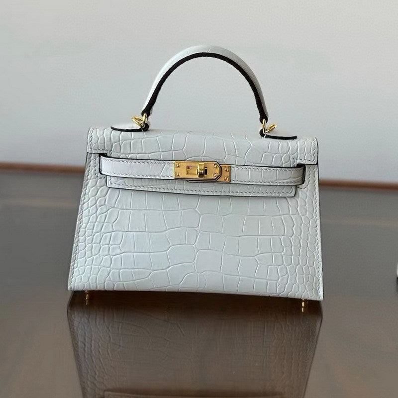 Genuine Leather High-Gloss Crocodile-Embossed Kelly-Style Bag for Women, New 2nd Gen Mini Top Handle Shoulder Purse, Premium Handbag for Ladies
