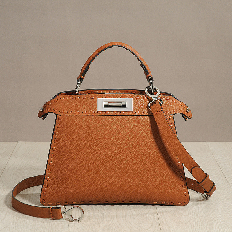 Genuine Top Layer Cowhide Hand-Stitched Waxed Thread Bag for Women, New Accordion Crossbody Shoulder Top Handle Purse, Casual Everyday Handbag for Ladies