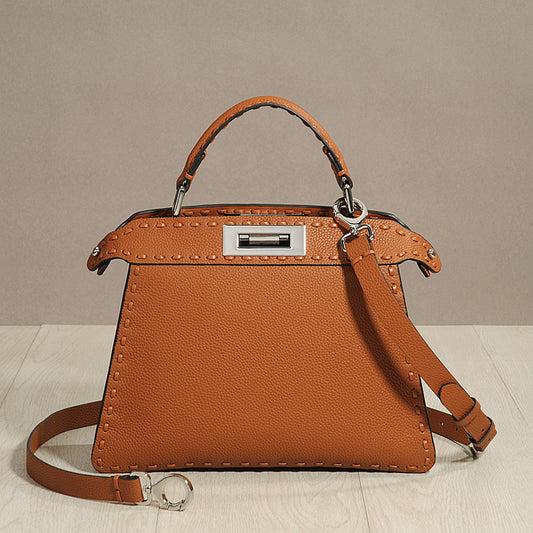 Genuine Top Layer Cowhide Hand-Stitched Waxed Thread Bag for Women, New Accordion Crossbody Shoulder Top Handle Purse, Casual Everyday Handbag for Ladies