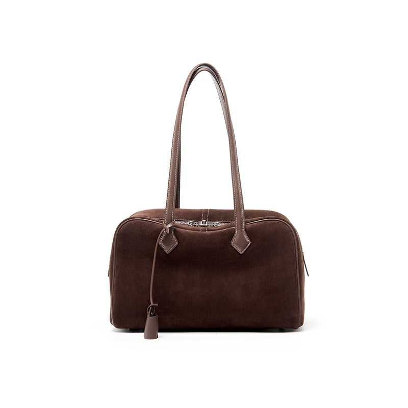 Genuine Suede Leather Boston Bowling Tote Bag for Women, New Large Capacity Shoulder Handbag, Premium Fashionable Everyday Purse for Ladies