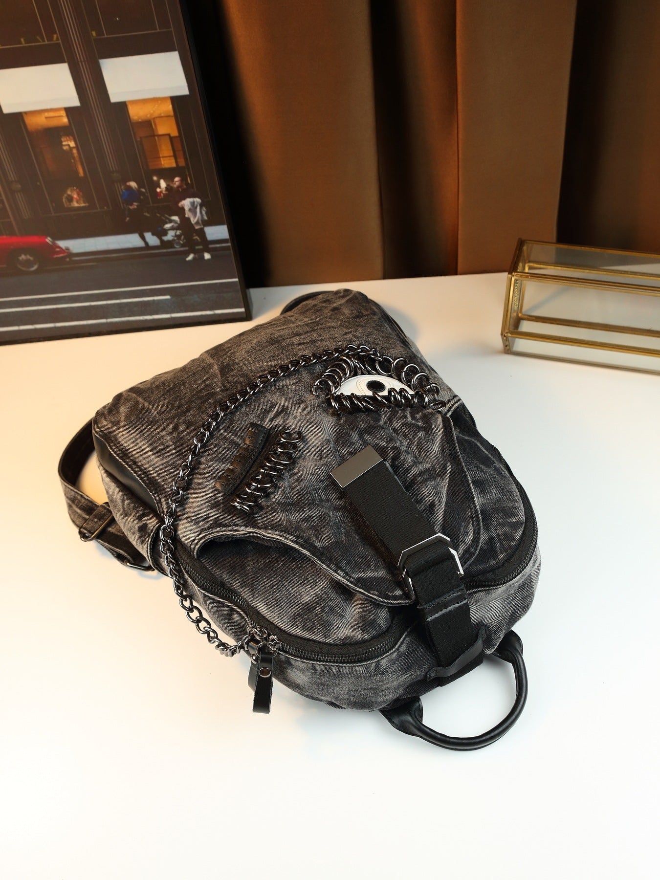 Denim Eye Chain Backpack for Women Large Capacity Casual Shoulder Handbag, Personality Trendy Purse with Edgy Hardware Accent