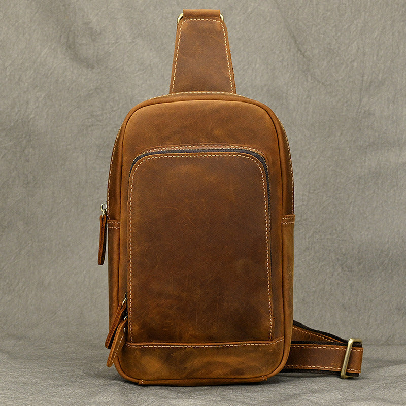 Crazy Horse Leather Minimalist Chest Bag, Casual Crossbody Shoulder Pouch, Outdoor Commute Bag for Men