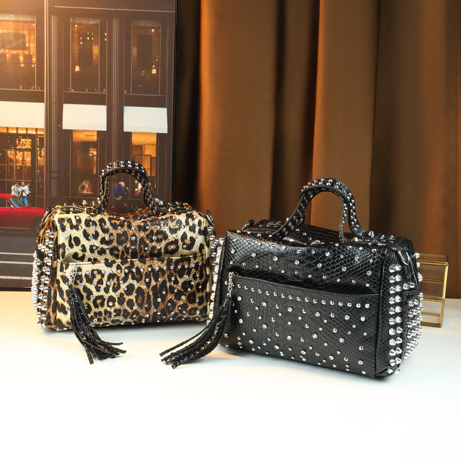 Leopard Print Studded Pillow Bag for Women Large Capacity Shoulder Crossbody Handbag, Wild Style Purse with Edgy Hardware Accents