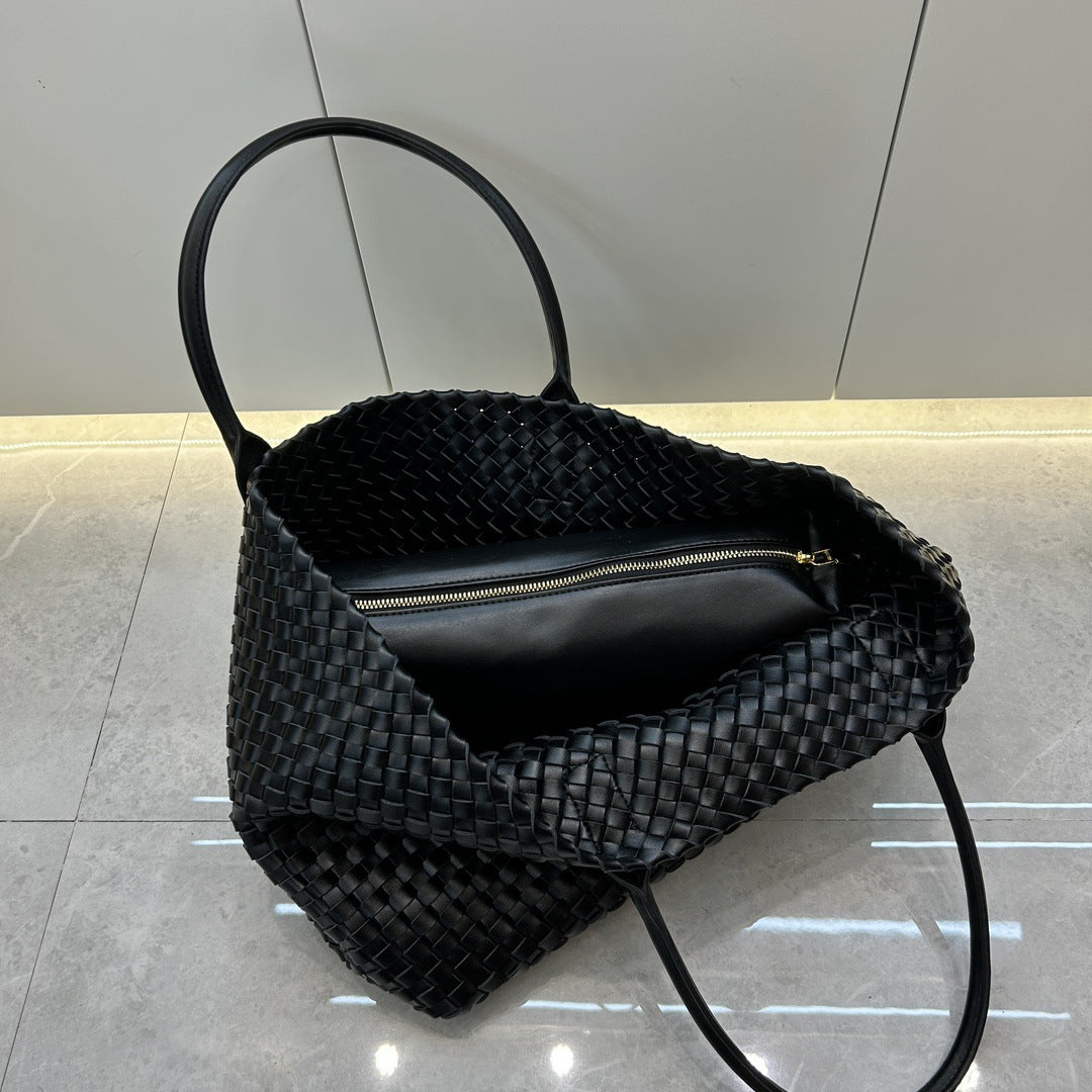 Leather woven vegetable basket cowhide tote large capacity underarm hand bag female