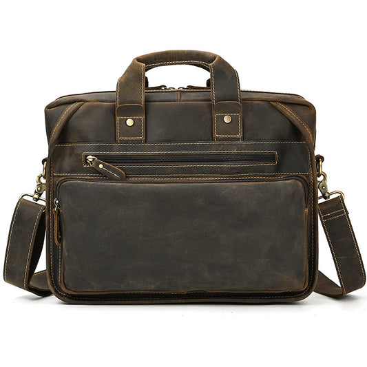 Genuine Crazy Horse Cowhide Business Briefcase for Men, Vintage Commute Laptop Top Handle Shoulder Crossbody Bag, Premium Leather Work Bag for Gentlemen