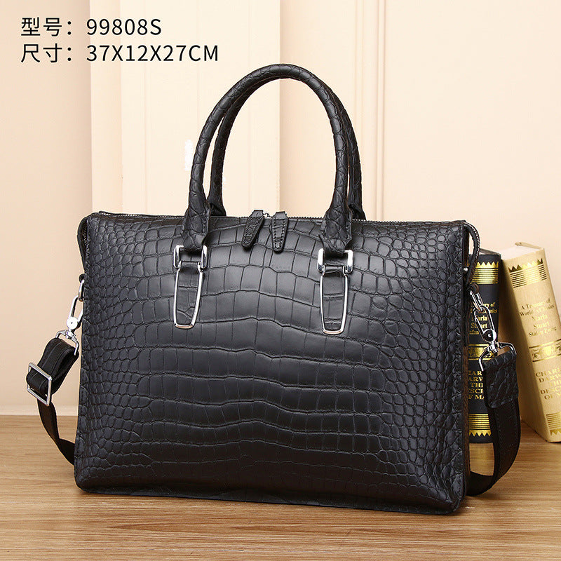 Genuine Leather Men's Laptop Crossbody Bag Large Capacity Multi-Compartment Business Handbag with Matte Crocodile Texture