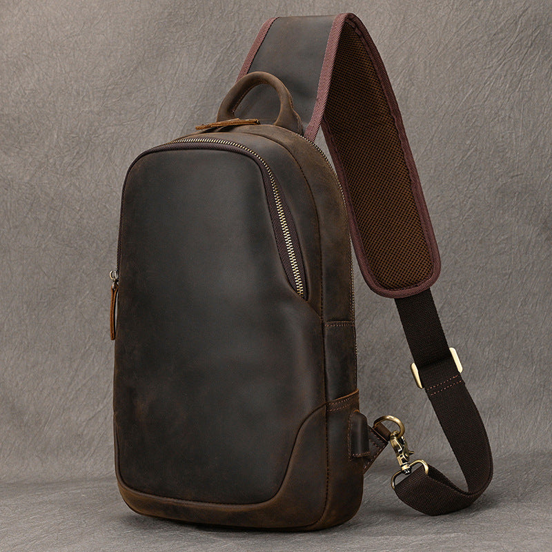 Large Capacity Crazy Horse Leather Chest Bag with USB Port, Casual Crossbody Shoulder Pouch, Commute Leisure Bag for Men