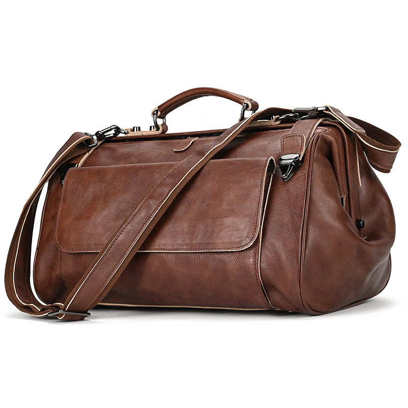 Vegetable-Tanned Leather Short Trip Business Duffle, Unisex Shoulder Crossbody Travel Bag, Trendy Top Handle Luggage for Men and Women