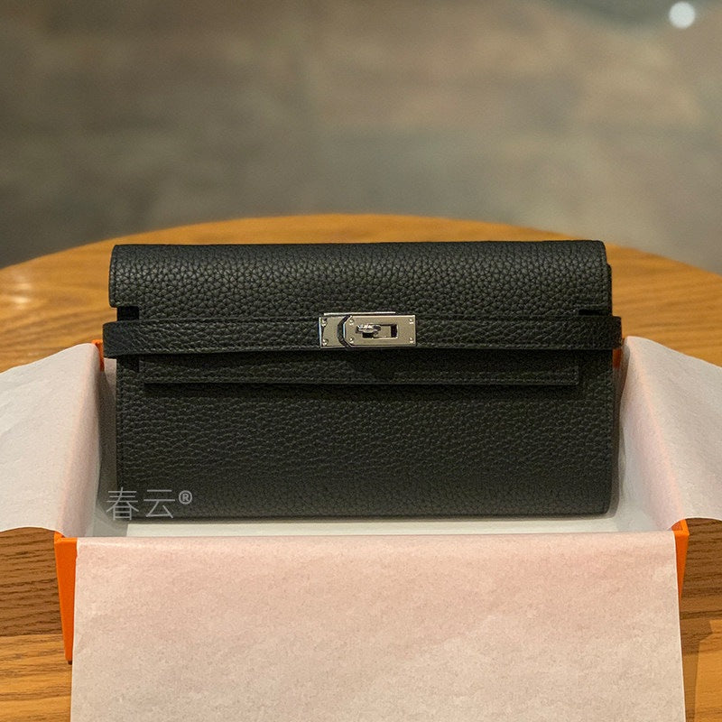 Genuine Togo Leather Long Wallet Clutch for Women, Hermès-Inspired Kelly-Style Money Holder, Premium Epsom Leather Phone Bag for Ladies