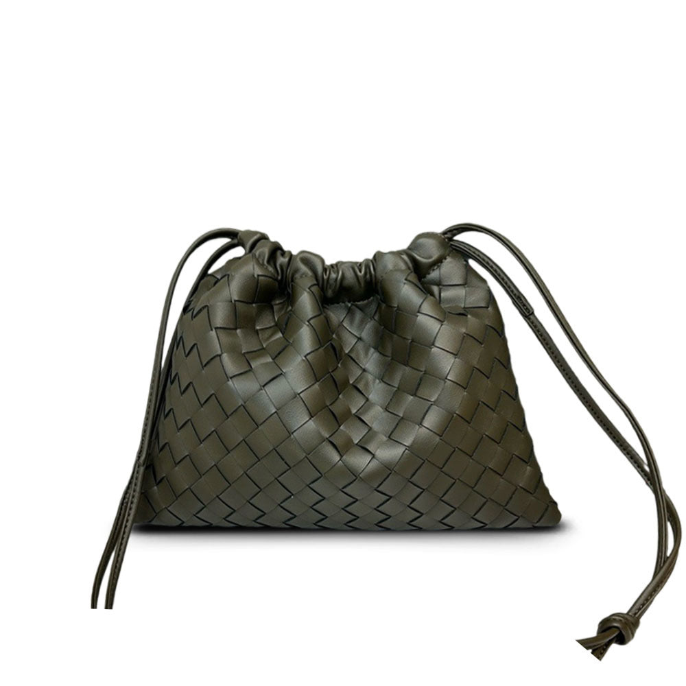 First layer cowhide leather woven bag, clutch bag, drawstring lucky bag, large capacity underarm shoulder bag, bag for women