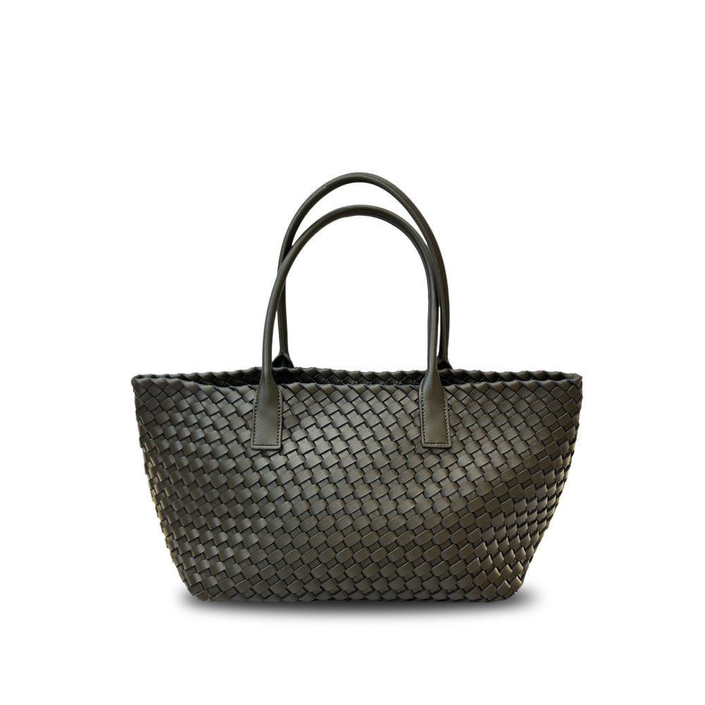 Leather woven vegetable basket cowhide tote large capacity underarm hand bag female