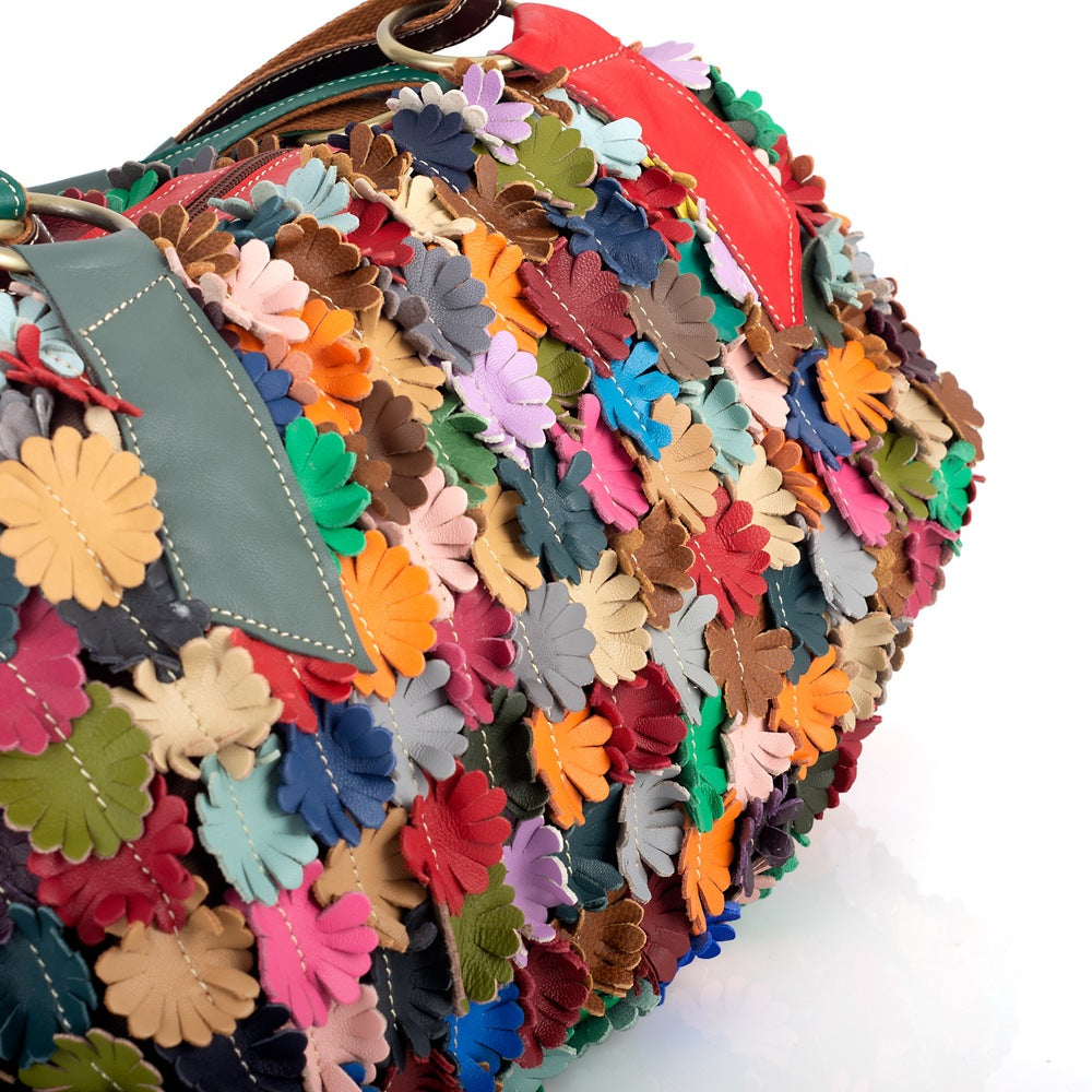 Genuine Leather Handmade Colorful Pattern Bag for Women, New Soft Large Crossbody Shoulder Purse, Trendy Everyday Handbag for Ladies