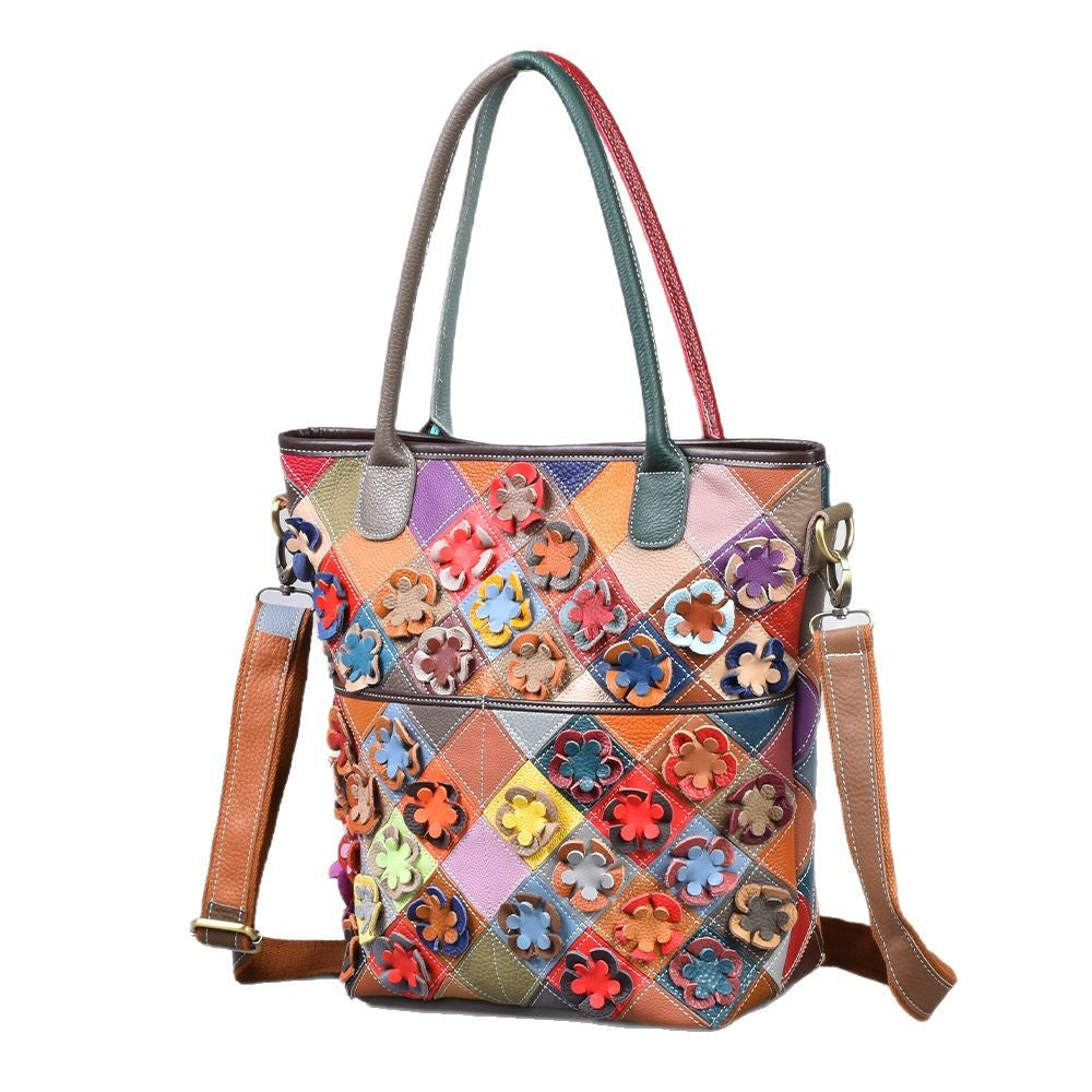 New Floral Patchwork Top Layer Cowhide Bag, European Handmade Unique Shoulder Crossbody Tote Purse, Stylish Handbag for Women