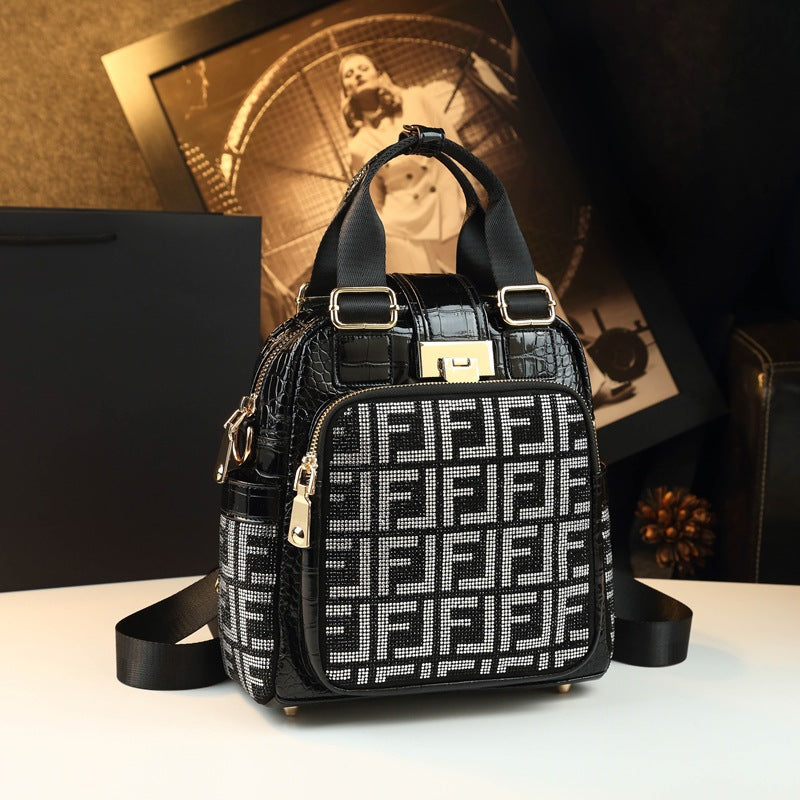 New Arrival Sparkly Rhinestone-Embellished Croc-Effect Backpack for Women, A Multi-Functional Genuine Leather Daypack with Fashionable Design, Perfect for Moms