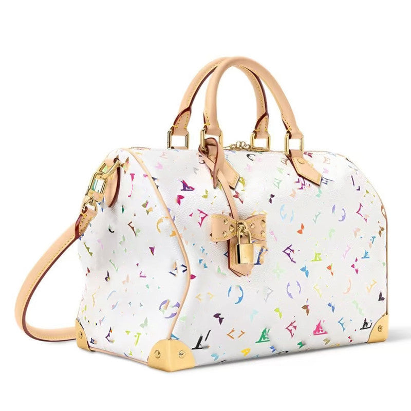 White Tricolor Speedy Style Travel Duffle Bag for Couples Large Capacity Pillow Handbag, Trendy Studded Carryall for Weekend Getaways