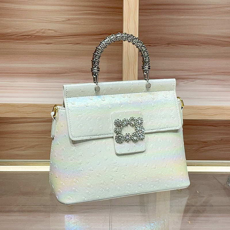 Genuine Leather Ostrich-Embossed Handbag for Women,New Premium Rhinestone Top Handle Crossbody Purse, Fashionable Bag for Ladies