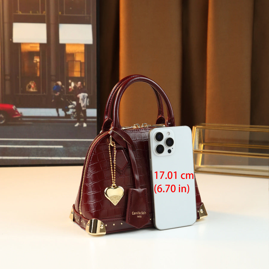 Chic French Style Croc-Effect Shell Bag for Women, A Light Luxury Structured Top-Handle Handbag with Metal Stud Details & Heart Charm, Versatile Shoulder Crossbody Purse