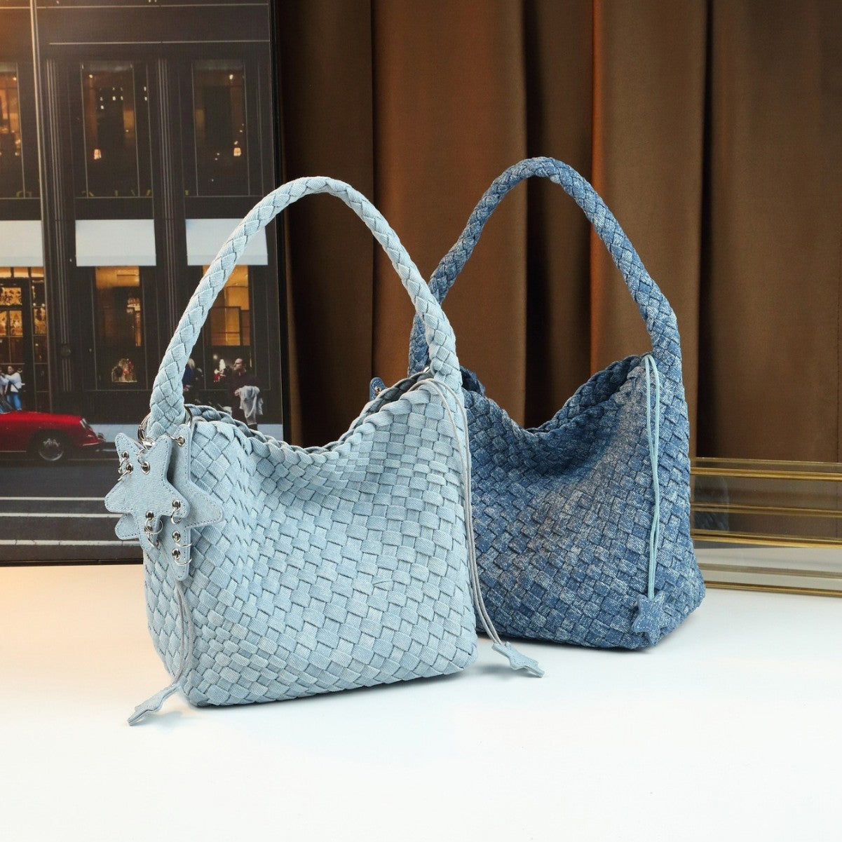 Handwoven Denim Bucket Bag for Women Large Capacity Underarm Shoulder Handbag, Casual Versatile Purse with Natural Woven Texture