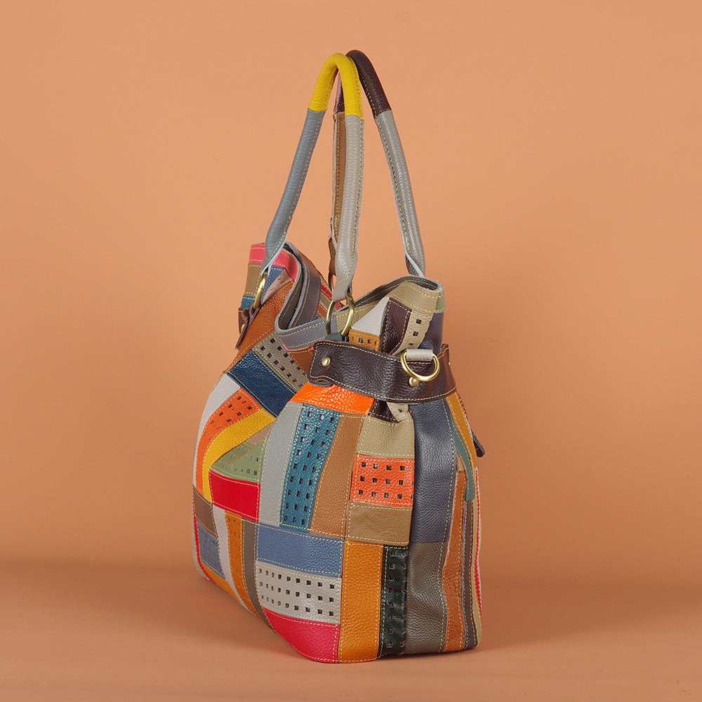Colorful Stripe Geometric Bag in Genuine Cowhide, Random Color Block Large Capacity Shoulder Crossbody Tote, Stylish Handbag for Women