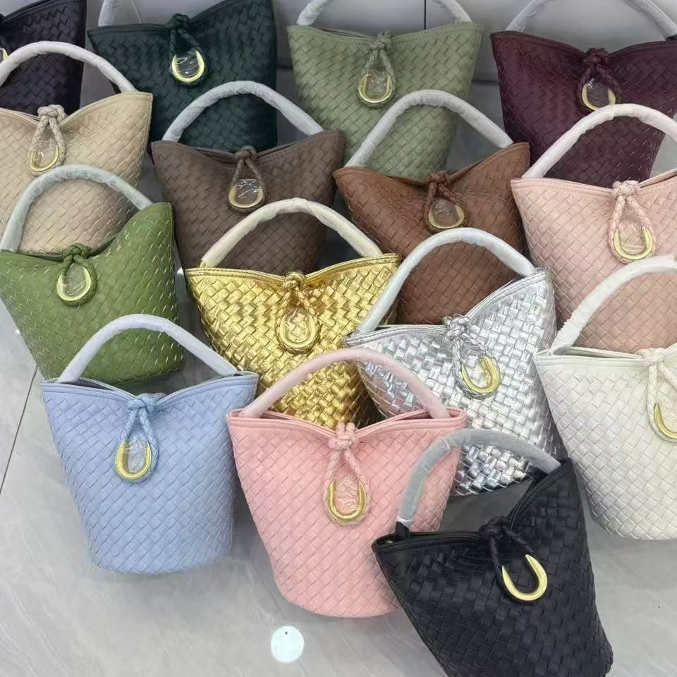 Genuine Leather Woven Bucket Bag for Women, Spring Summer Versatile Crossbody Commute Top Handle Purse, Premium Handbag for Ladies