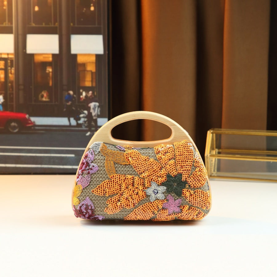 New Arrival Linen Sequin Mesh Embroidery Bag for Women, An Elegant Evening Clutch with Clasp Closure & Trendy Top-Handle Design