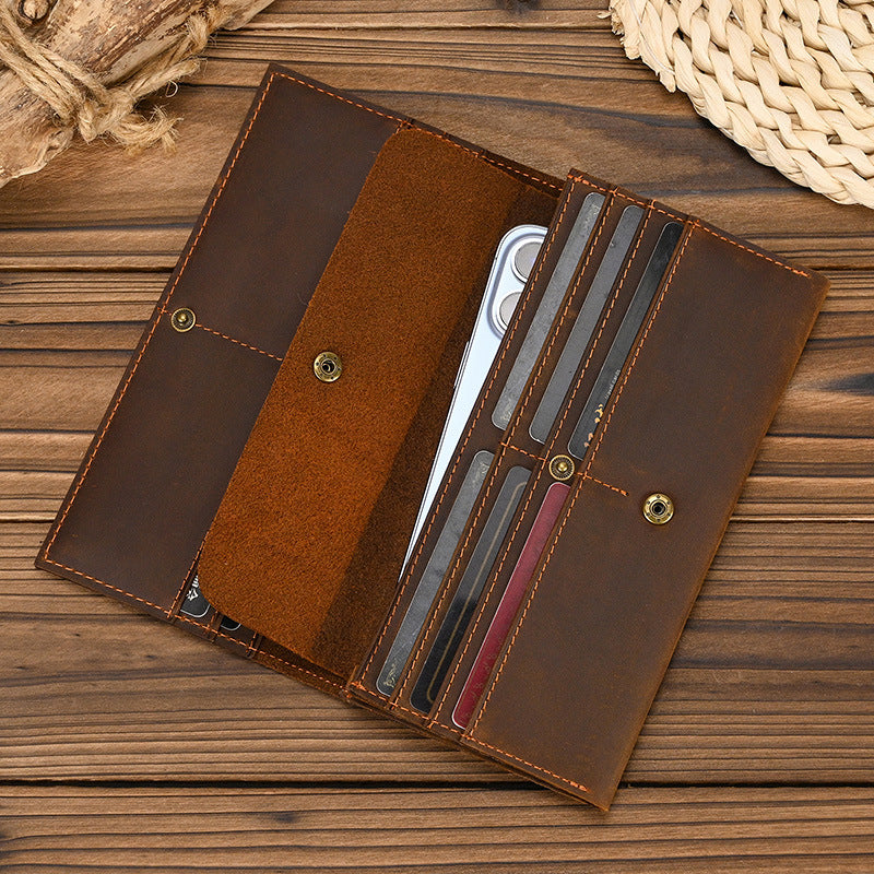Crazy Horse Leather Multi-Card Long Wallet, Bestseller Phone Clutch with Coin Pocket, Top Layer Cowhide Money Holder for Men