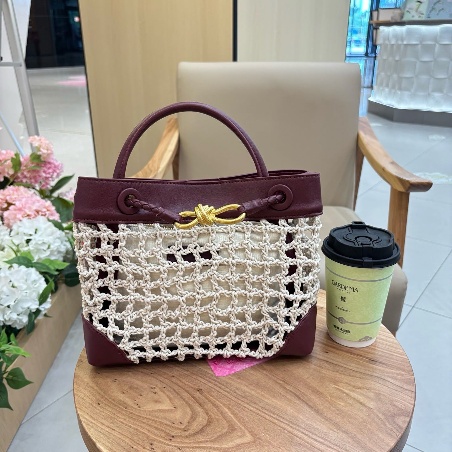 Genuine Leather Patchwork Tote Bag with Metal Butterfly Buckle, New Handwoven Cotton Rope Top Handle Mother-Child Bag, Trendy Handbag for Ladies