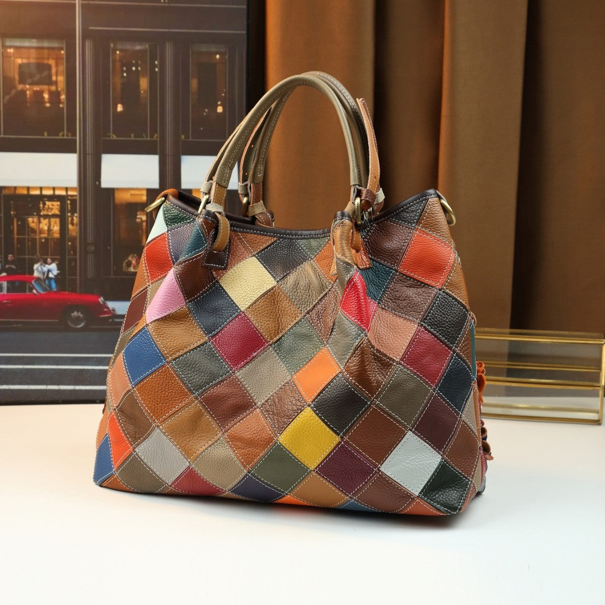 Bohemian Floral Patchwork Bucket Bag for Women Genuine Leather Large Capacity Shoulder Crossbody Handbag, Colorful Artisan Purse with Boho Charm