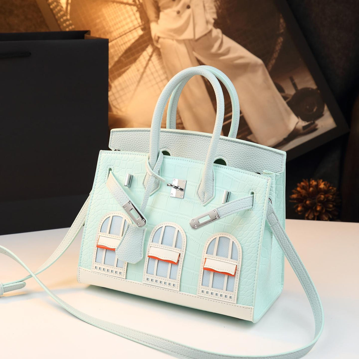 Chic Croc-Embossed Birkin-Inspired Tote Bag for Women, Premium Genuine Leather Top-Handle Shoulder Crossbody Handbag with Sophisticated Elegant Design, Trendy Everyday Purse