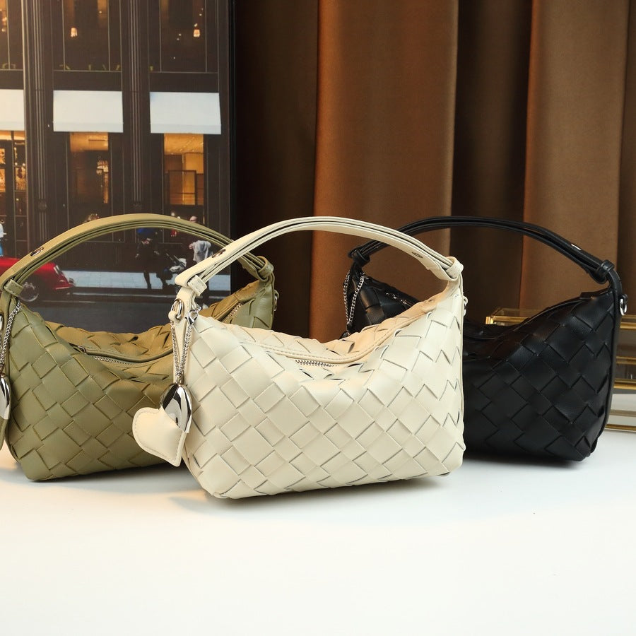 Genuine Leather Woven Bento Bag for Women Lunch Box Shoulder Underarm Handbag, Quilted Picnic Style Purse with Artisan Texture