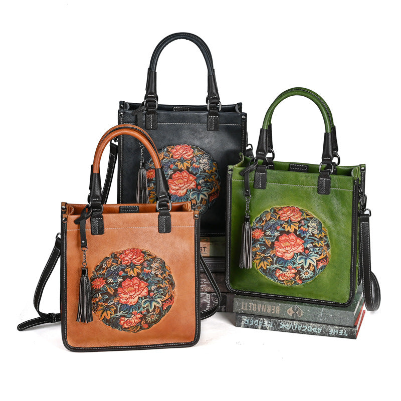 Genuine Top Layer Cowhide Chinese Classical Handbag for Women, Vintage Retro Small Square Crossbody Shoulder Top Handle Purse, Trendy Oriental Style Bag for Ladies