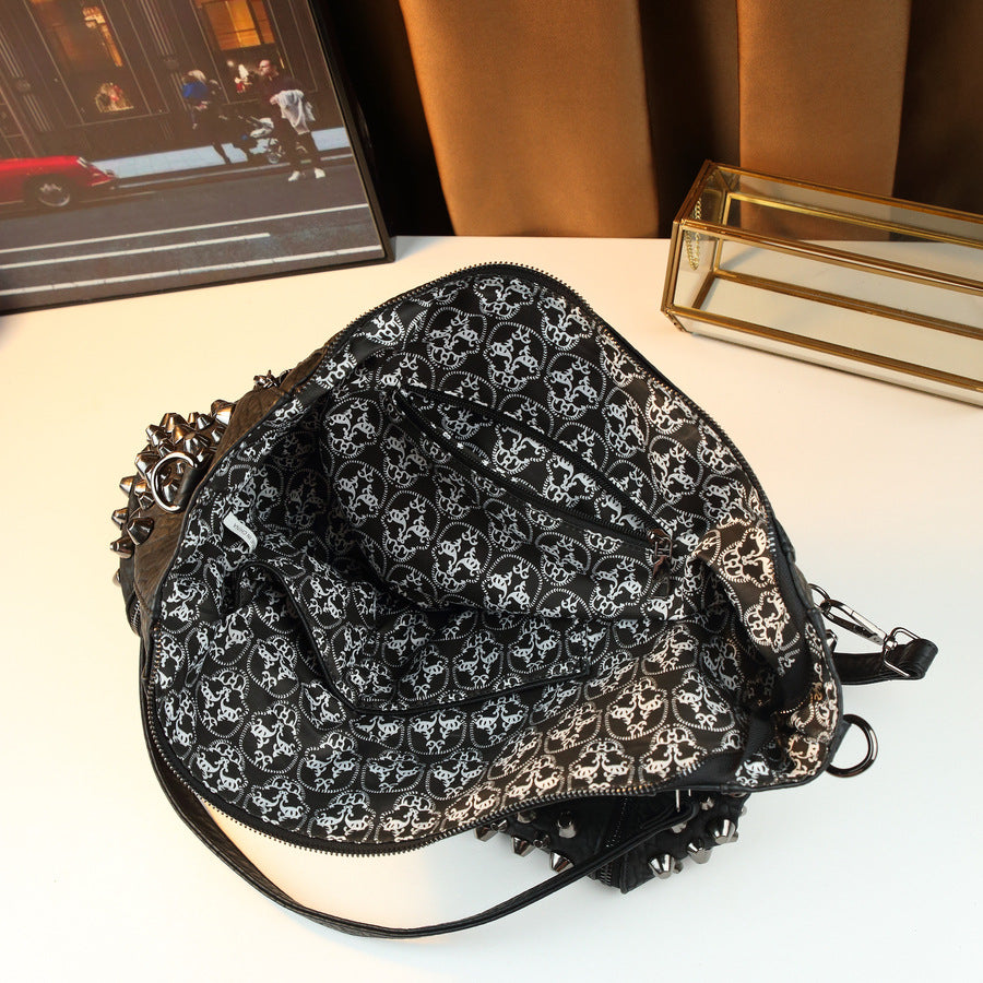 Studded Skull Bucket Tote Bag for Women Halloween Gothic Design Large Capacity Shoulder Handbag with Edgy Stud Hardware Accent