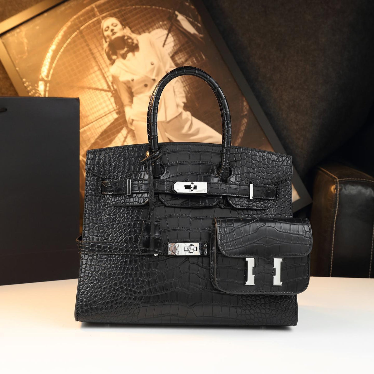 Chic Croc-Embossed Birkin-Inspired Tote Bag for Women, Premium Genuine Leather Large Capacity Top-Handle Crossbody Shoulder Handbag with Light Luxury Style, Everyday Purse