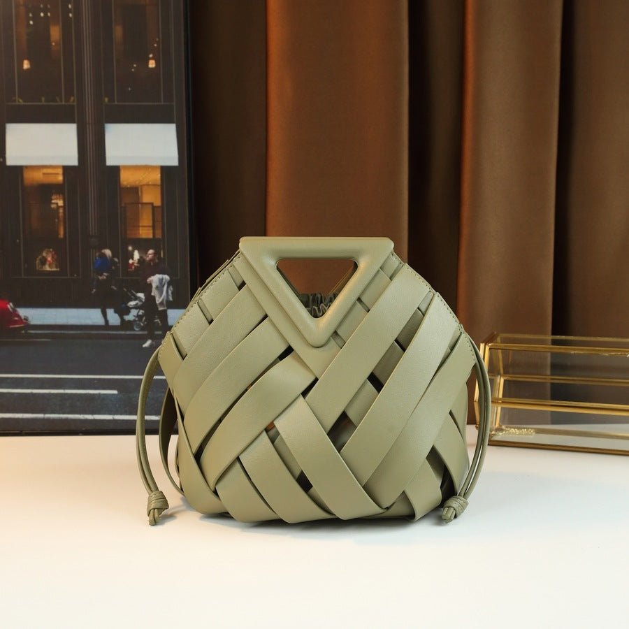 Woven Hollow Basket Bucket Bag for Women Genuine Leather Shoulder Crossbody Handbag, Fashionable Purse with Natural Artisan Texture