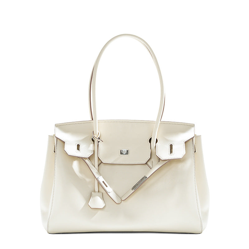 Genuine Cowhide Birkin-Style Tote Bag for Women, Niche Minimalist Design Large Capacity Top Handle Shoulder Purse, Premium Handbag for Ladies