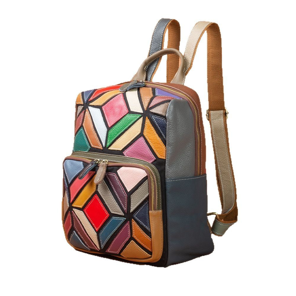 Genuine Leather Colorful Bohemian Geometric Color Block Backpack for Women, New Arrival Casual Trendy Daypack, Boho Travel Shoulder Bag for Ladies