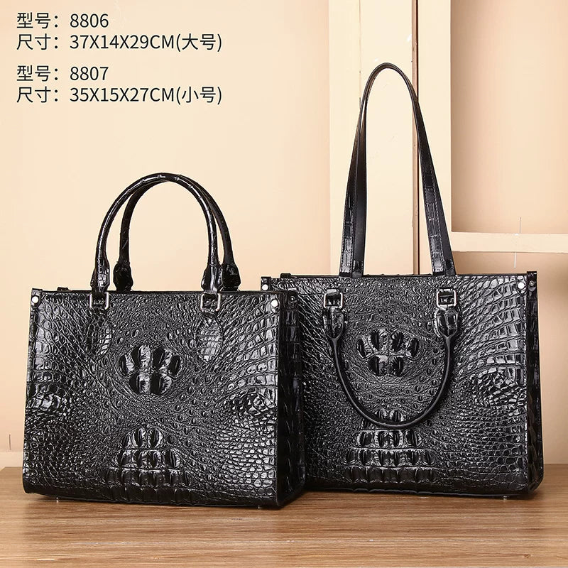 Genuine Leather Couple Tote Bag for Men and Women Large Capacity Laptop Business Shoulder Handbag with Crocodile Embossed Texture