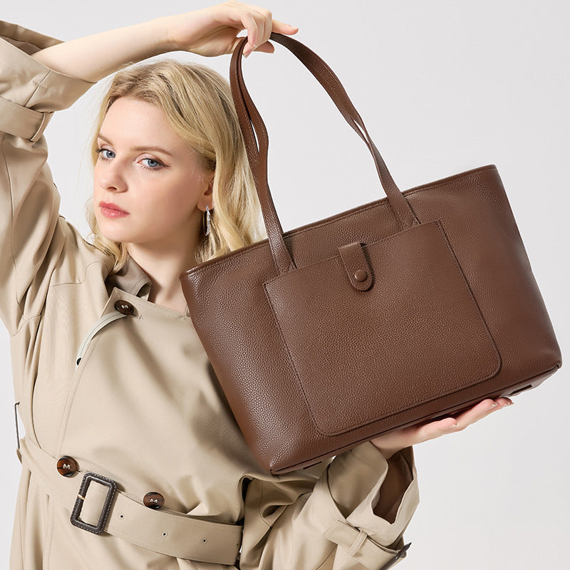Genuine Leather Tote Bag for Women Minimalist Classic Large Capacity Shoulder Handbag, Versatile Purse with Timeless Style