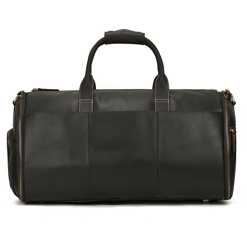 Multifunctional Crazy Horse Leather Travel Duffle, Foldable Suit Garment Bag with Wet-Dry Separation, Premium Gym Weekender for Men