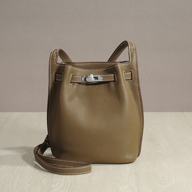 Genuine Top Layer Cowhide Kelly-Style Bucket Bag for Women, Casual Lock Buckle Crossbody Shoulder Purse, Versatile Everyday Handbag for Ladies