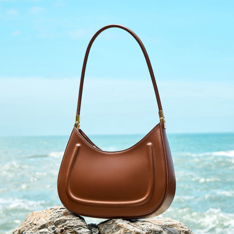 Genuine Black Cowhide Saddle Bag for Women, New Niche Baguette Shoulder Crossbody Top Handle Purse, Premium Commute Underarm Handbag for Ladies