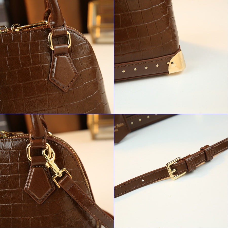 Chic French Style Croc-Effect Shell Bag for Women, A Light Luxury Structured Top-Handle Handbag with Metal Stud Details & Heart Charm, Versatile Shoulder Crossbody Purse
