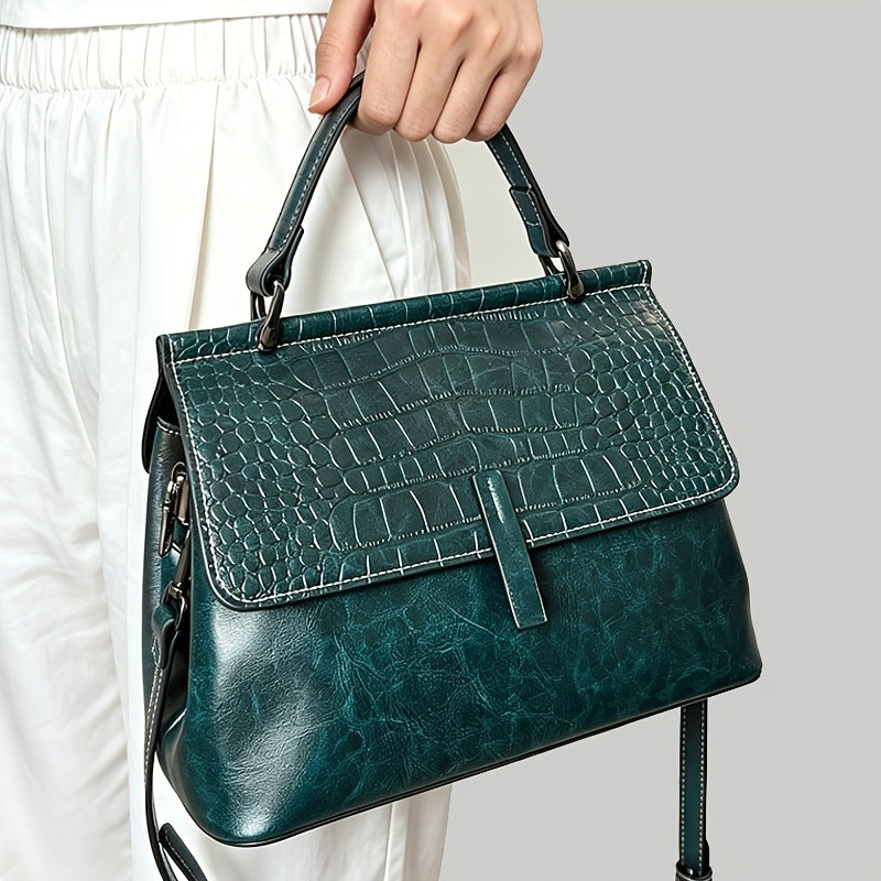 Genuine Waxed Cowhide Crocodile-Embossed Crossbody Bag for Women, New Versatile Shoulder Top Handle Purse, Fashionable Everyday Handbag for Ladies