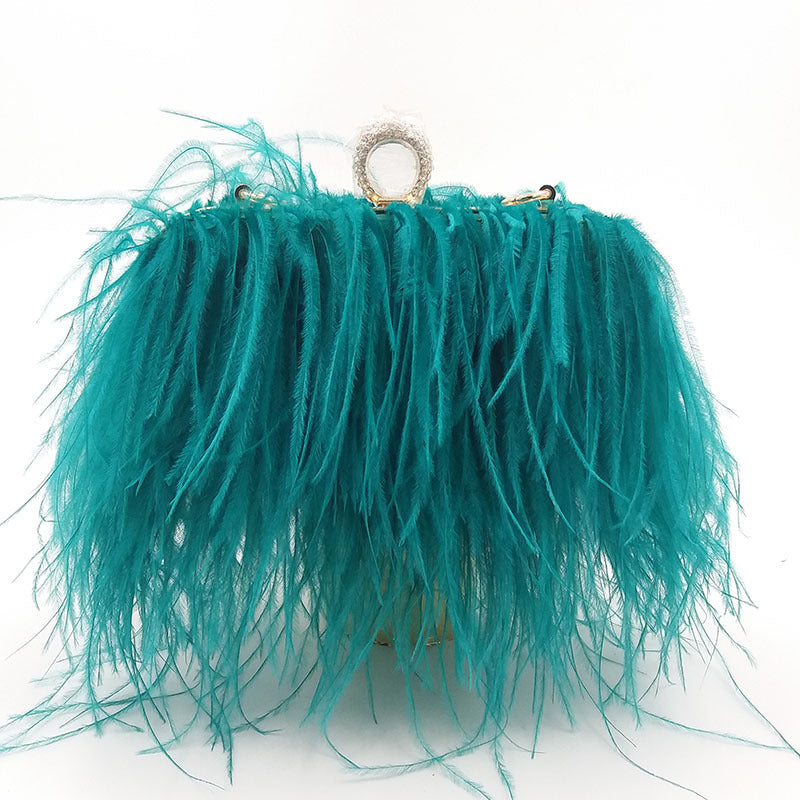 Genuine Ostrich Feather Evening Bag for Women, Fashionable Chain Shoulder Purse, Trendy Clutch Handbag for Parties and Weddings